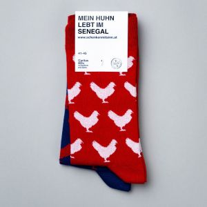 Topanasicht Hühnersocken Caritas Schenken mit Sinn Shop rot und blau