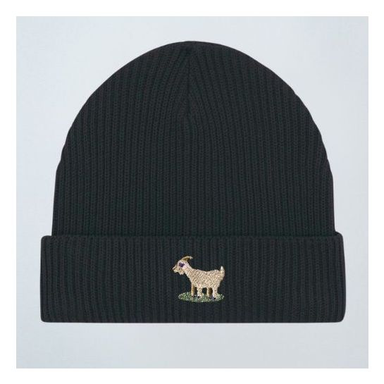 Caritas Schenken mit Sinn Haube schwarz mit Stickemblem Ziege