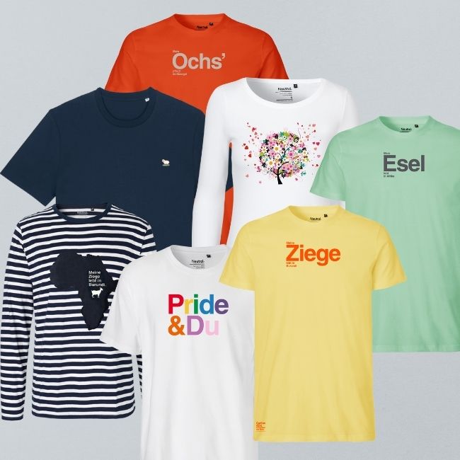 Schenken mit Sinn zum Dazuschenken stylische und lustige bunte Shirts zum sinnvollen Geschenk aus dem Caritas Shop