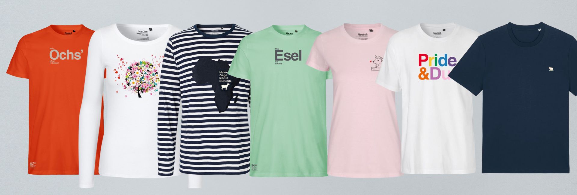 Schenken mit Sinn zum Dazuschenken stylische und lustige bunte Shirts zum sinnvollen Geschenk aus dem Caritas Shop